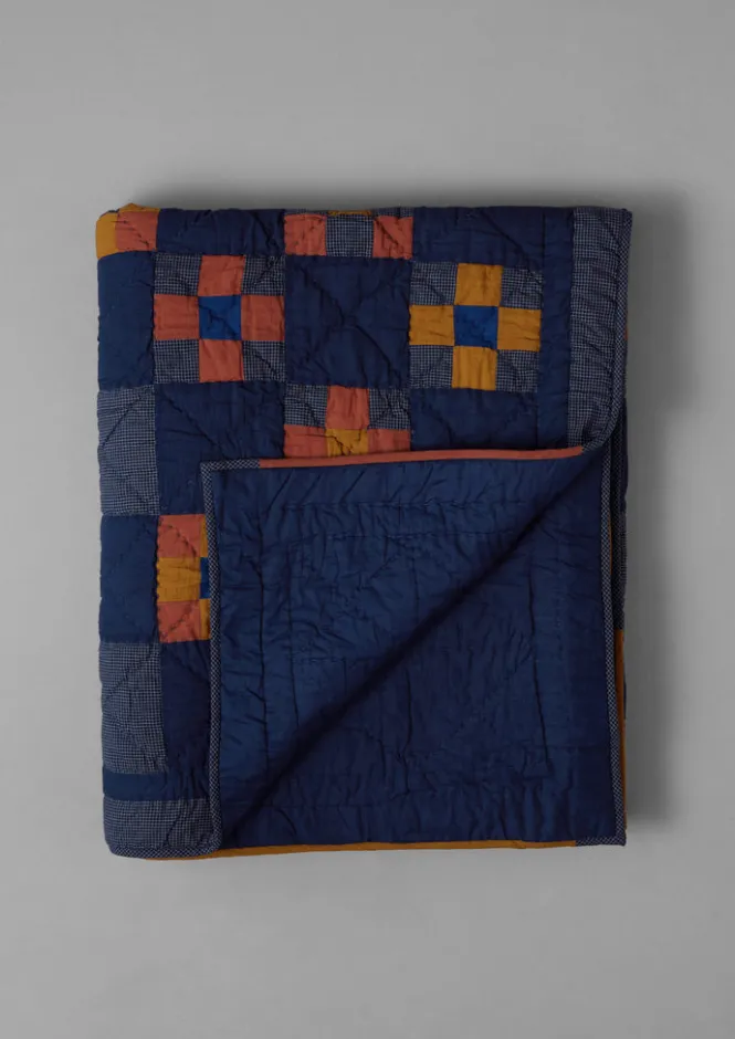 Textiles|Blankets & Throws-TOAST Astrid Check Patchwork Cotton Quilt DeepestBlue/Sienna
