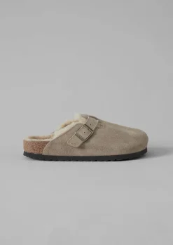 Slippers|Nightwear-TOAST Birkenstock Boston Suede Shearling Clogs Taupe