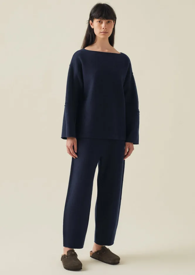 Loungewear|Trousers-TOAST Boiled Wool Pull On Trousers Navy