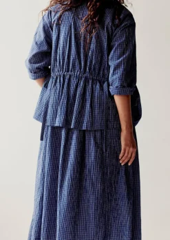 Loungewear|Tops & Tees-TOAST Check Crinkle Cotton Tie Shirt Cobalt