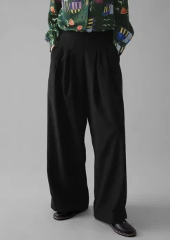 Trousers-TOAST Corinne Wool Cotton Herringbone Wide Leg Trousers Black