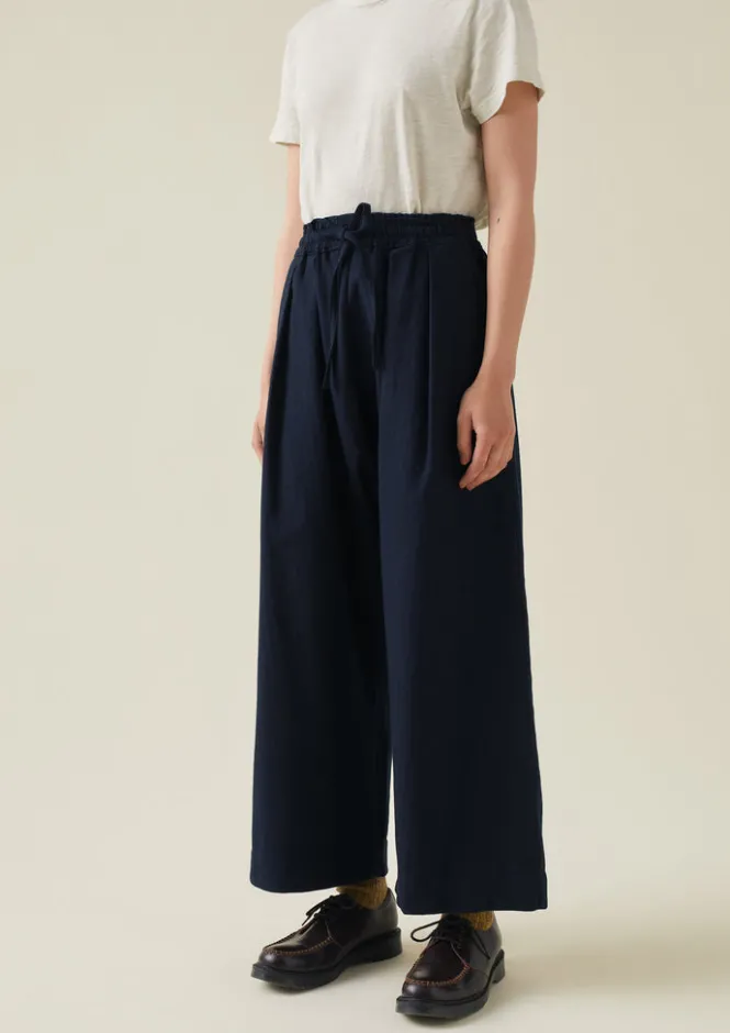 Trousers-TOAST Cotton Wool Herringbone Pull On Trousers DarkNavy