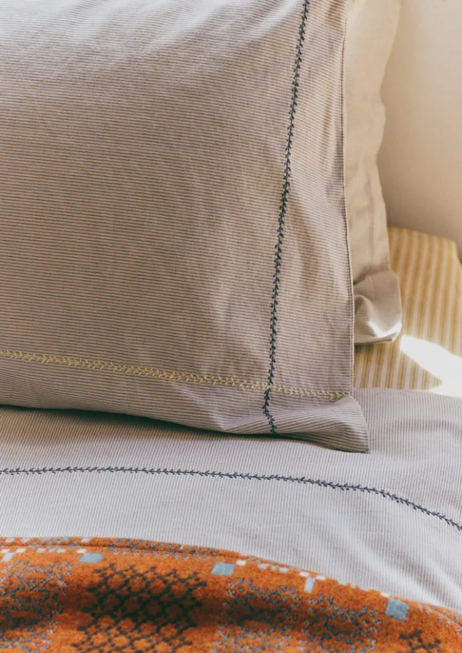 Textiles|Bed Linen-TOAST Fine Stripe Organic Cotton Embroidered Pillowcase Ecru/SmokeBlue