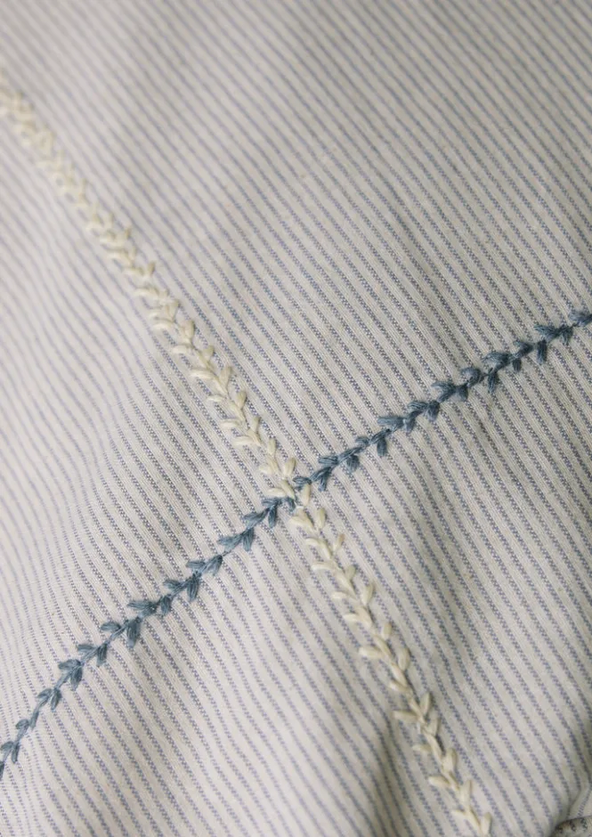 Textiles|Bed Linen-TOAST Fine Stripe Organic Cotton Embroidered Pillowcase Ecru/SmokeBlue