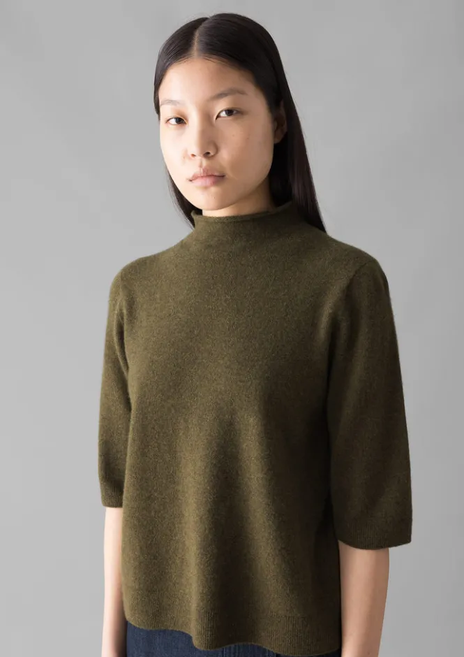 Cashmere|Knitwear-TOAST Fine Wool Cashmere Half Sleeve Sweater OliveMelange