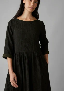 Loungewear|Dresses-TOAST Freya Crinkle Organic Cotton Dress DarkestOlive