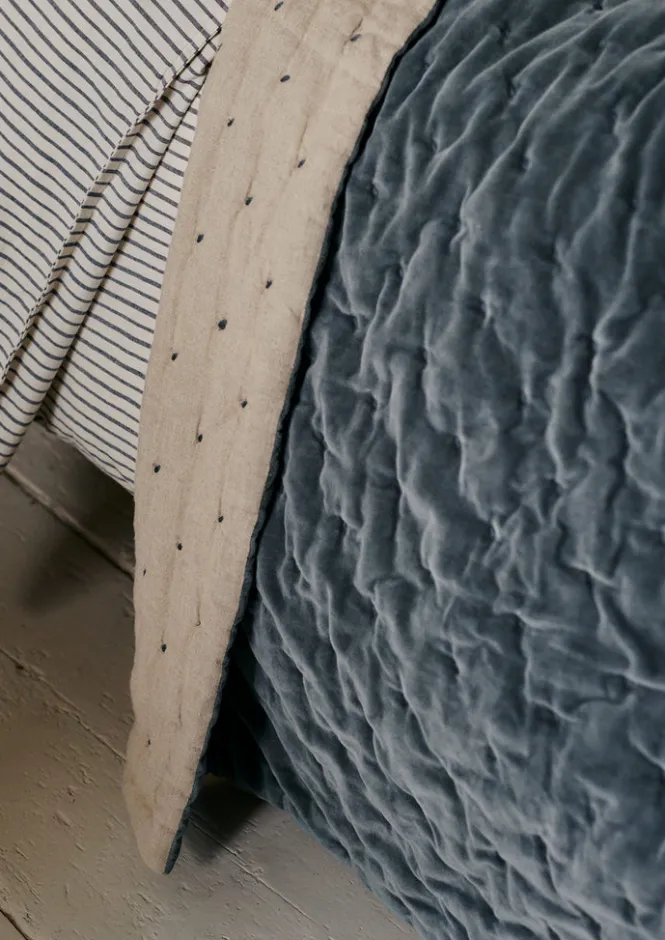 Textiles|Blankets & Throws-TOAST Hand Quilted Velvet Throw MineralBlue/Natural