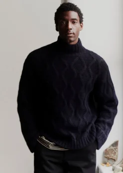 Knitwear-TOAST Roll Neck Cable Knit Sweater Navy