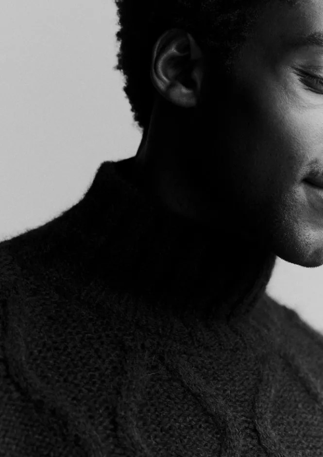 Knitwear-TOAST Roll Neck Cable Knit Sweater Navy
