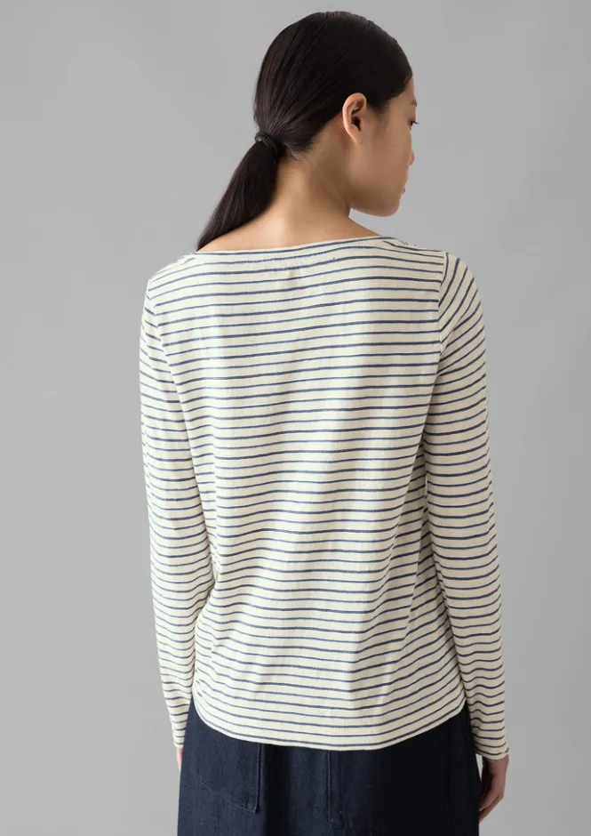 Jersey|Tops & Tees-TOAST Stripe Cotton Open Neck Tee Stone