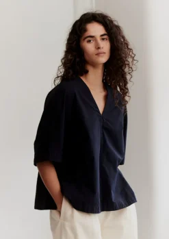 Tops & Tees-TOAST Textured Cotton Poplin V-Neck Top Ink