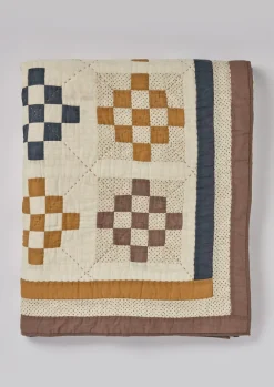 Textiles|Blankets & Throws-TOAST Tile Cotton Patchwork Quilt Ecru/GoldenHay/Prune